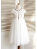 Ivory Lace Tulle Beaded Neckline Knee Length Flower Girl Dress 